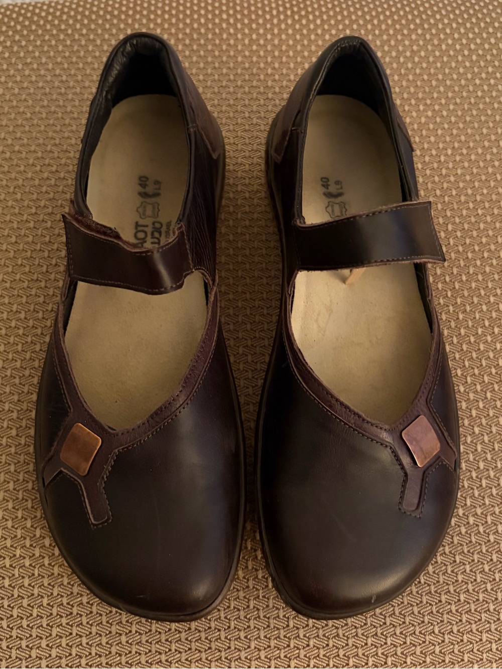 Naot Brown Leather Mary Jane Flats with Copper Accents
